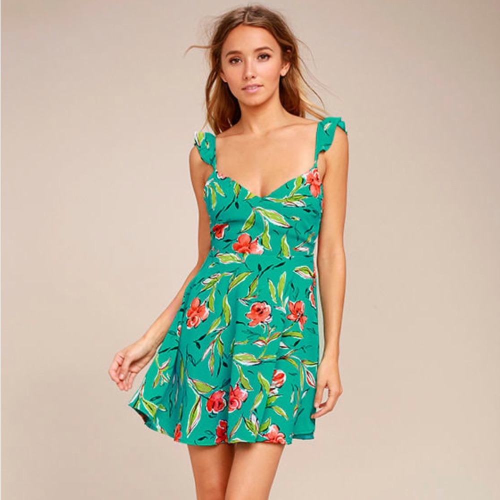 Lulus Floral Mini Green Backless Skater Guaranteed Glee Ruffle - Size Large